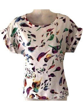Tropical Bird print Top multi colored Birds Short sleeve size small